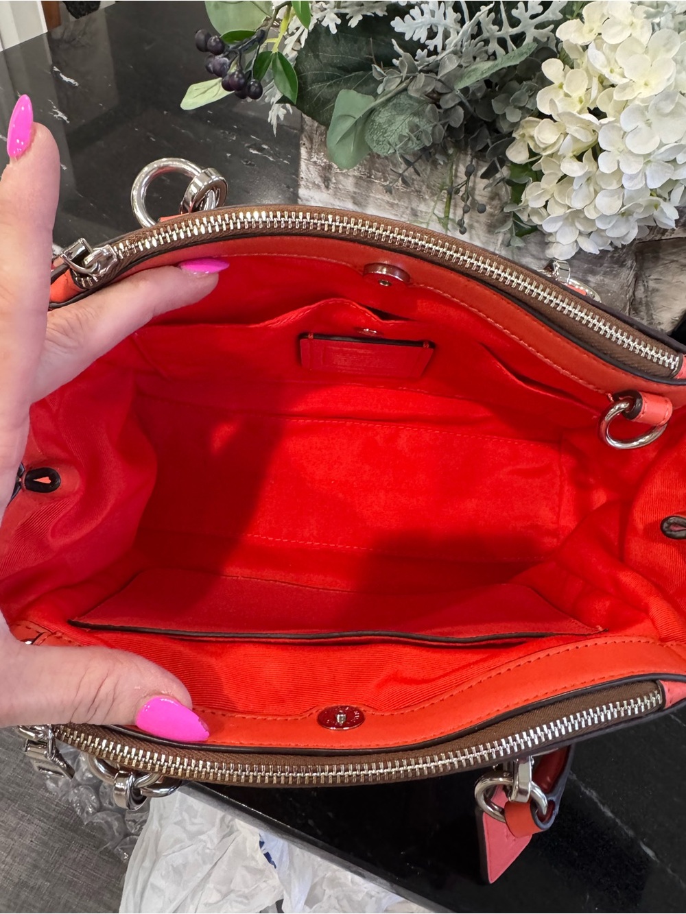 🤎COACH Mini Christie Carryall Signature Coated Canvas Khaki Coral Orange - Picture 11 of 16